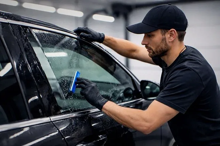 Technician installing nano-ceramic tint on a car at AzelCore workshop in Jeddah